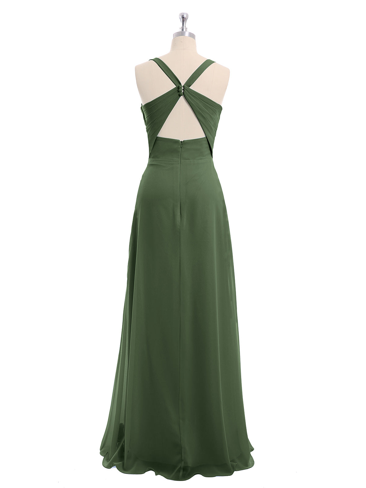 Vestido de dama de honor de chiffon con escote en V y espalda descubierta Verde Oliva