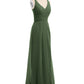 Vestido de dama de honor de chiffon con escote en V y espalda descubierta Verde Oliva