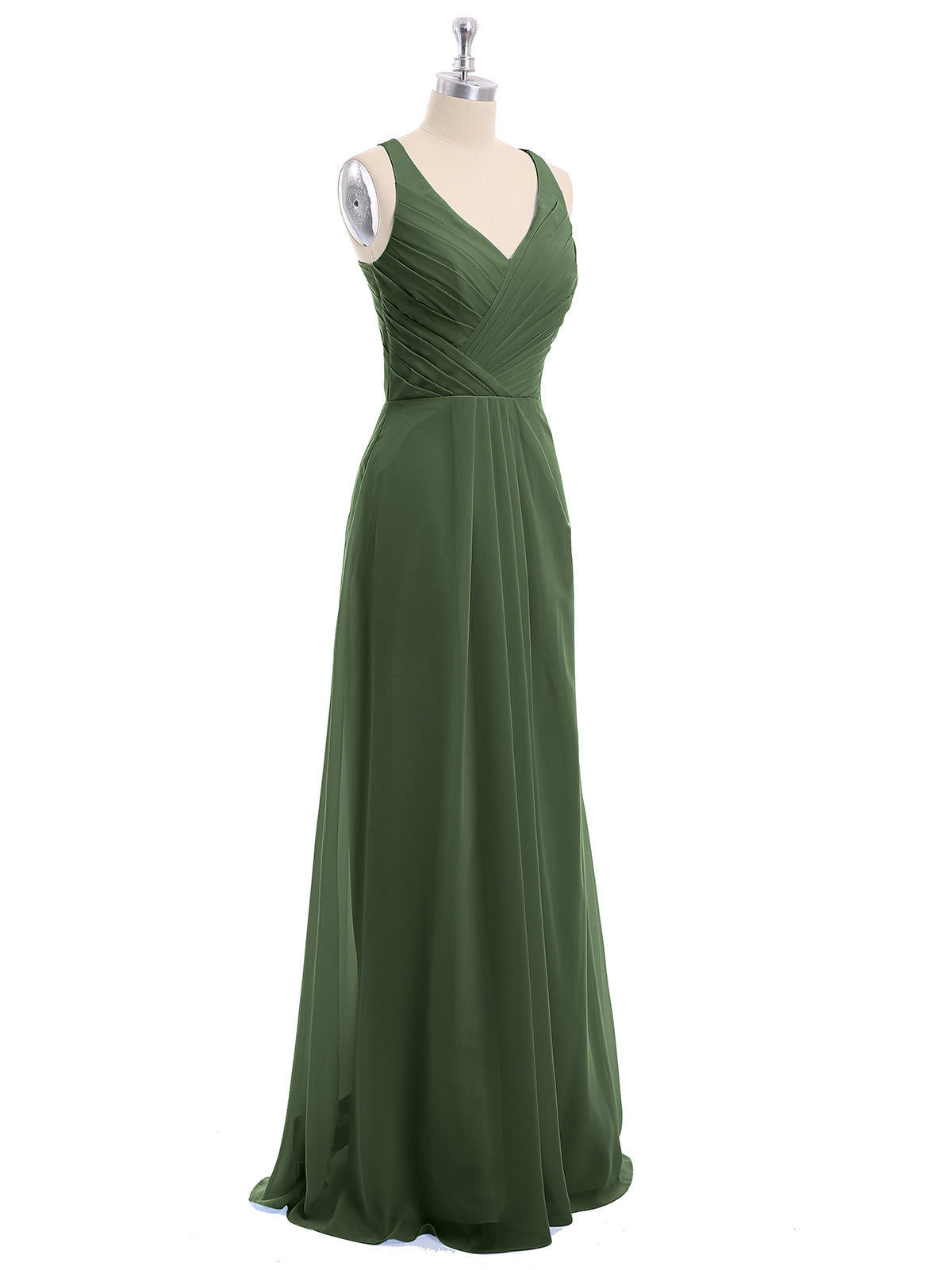 Vestido de dama de honor de chiffon con escote en V y espalda descubierta Verde Oliva