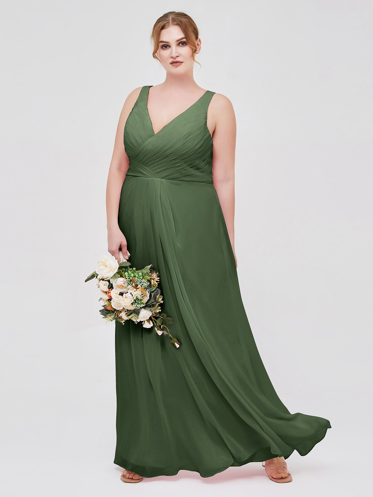 Vestido de dama de honor de chiffon con escote en V y espalda descubierta Verde Oliva