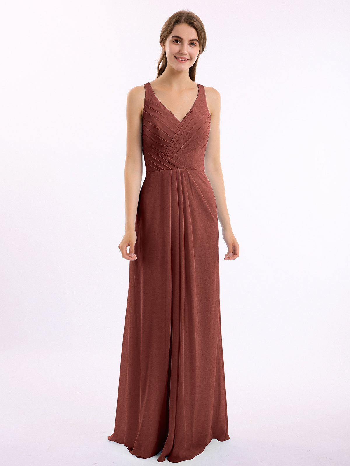Vestido de dama de honor de chiffon con escote en V y espalda descubierta Terracota