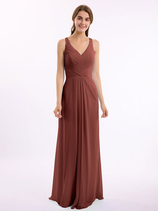 Vestido de dama de honor de chiffon con escote en V y espalda descubierta Terracota