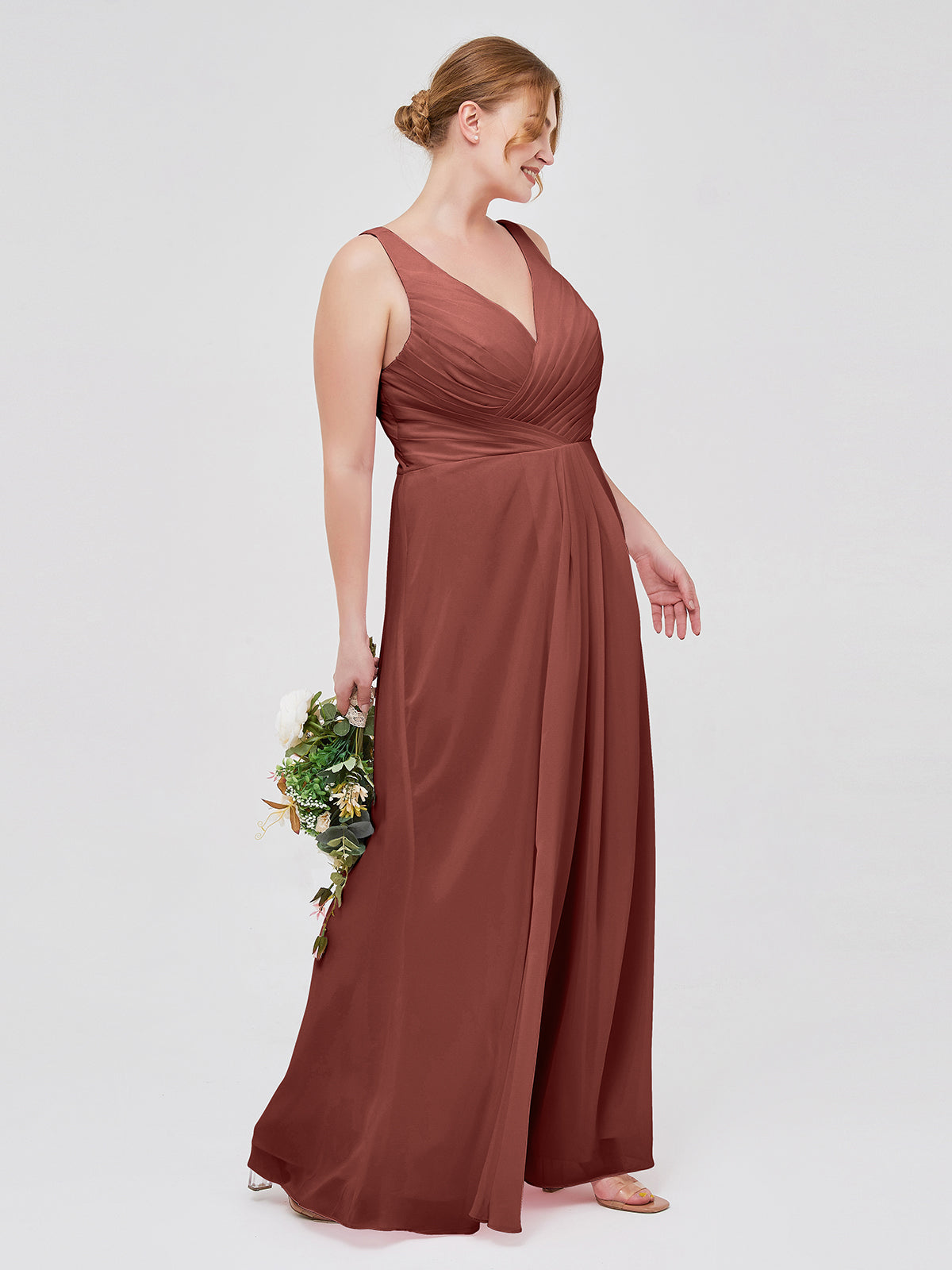 Vestido de dama de honor de chiffon con escote en V y espalda descubierta Terracota Tallas Grandes