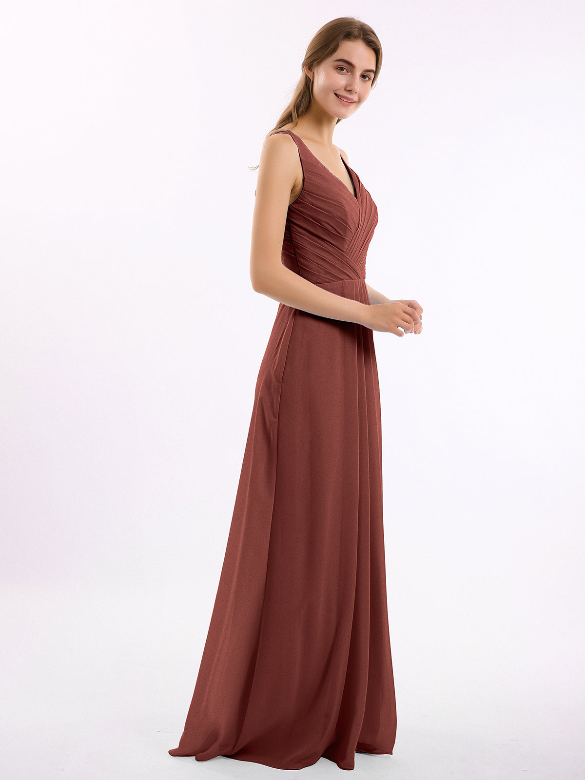 Vestido de dama de honor de chiffon con escote en V y espalda descubierta Terracota