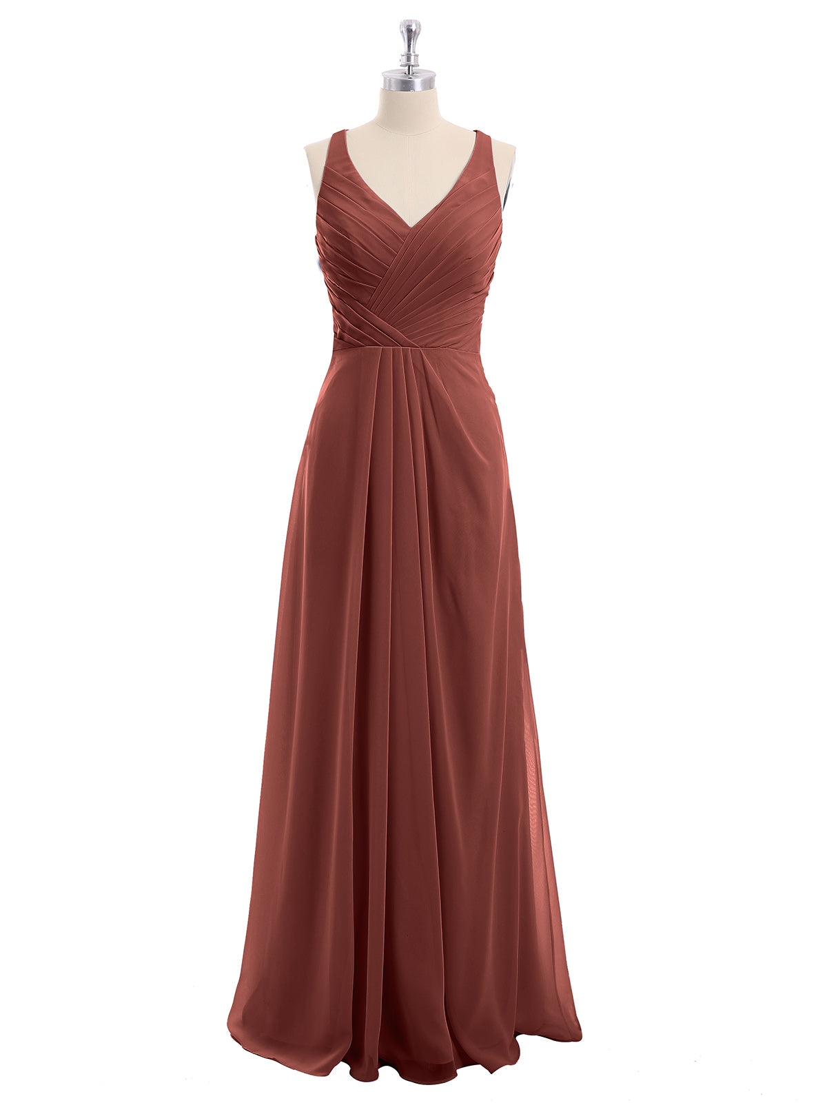 Vestido de dama de honor de chiffon con escote en V y espalda descubierta Terracota Tallas Grandes