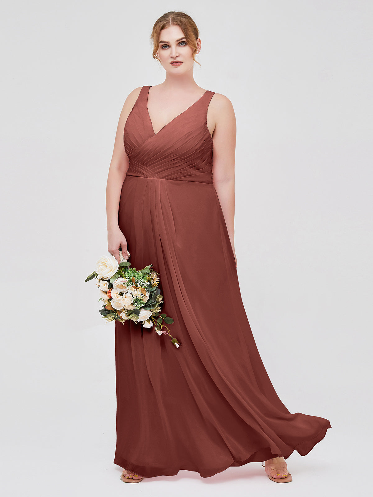 Vestido de dama de honor de chiffon con escote en V y espalda descubierta Terracota Tallas Grandes