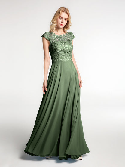 Vestido maxi de encaje y chiffon con cuello ilusión envolvente Verde Oliva