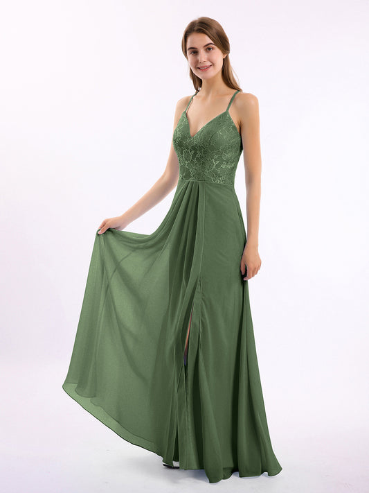 Vestidos con cuerpo de encaje y falda de chiffon con abertura Verde Oliva