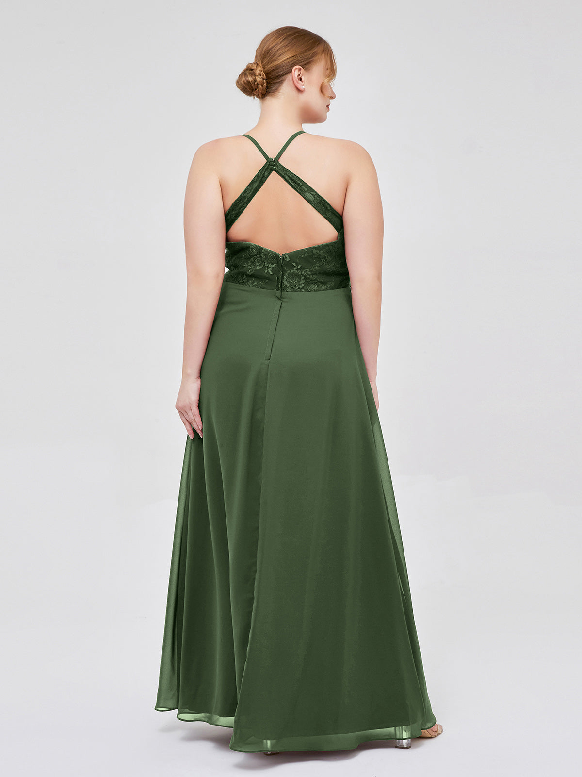 Vestidos con cuerpo de encaje y falda de chiffon con abertura Verde Oliva Tallas Grandes