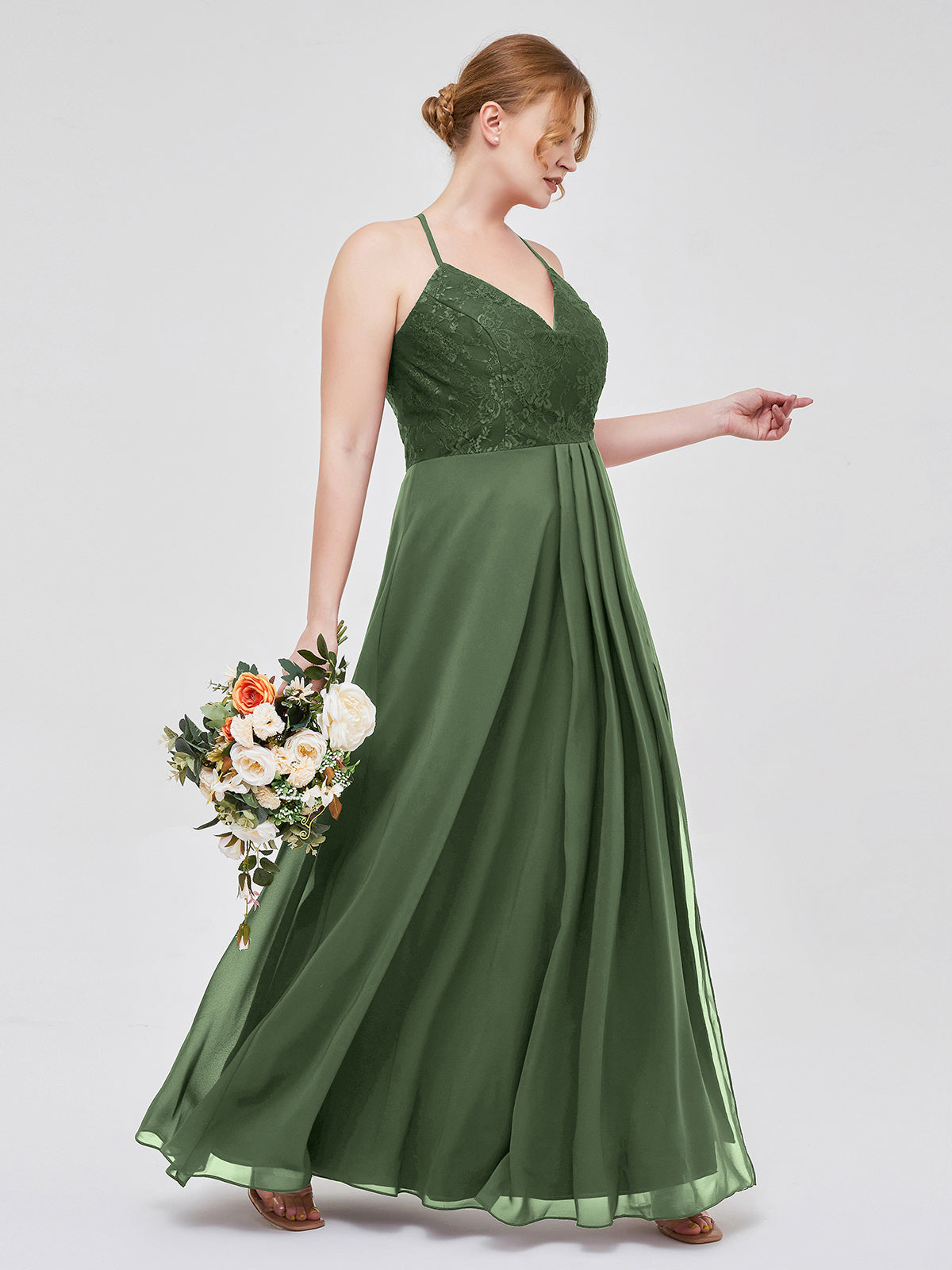 Vestidos con cuerpo de encaje y falda de chiffon con abertura Verde Oliva Tallas Grandes