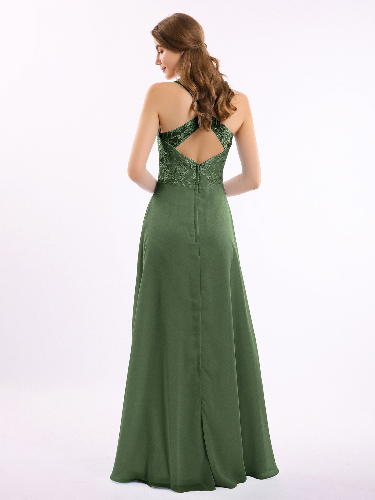 Vestidos con cuerpo de encaje y falda de chiffon con abertura Verde Oliva