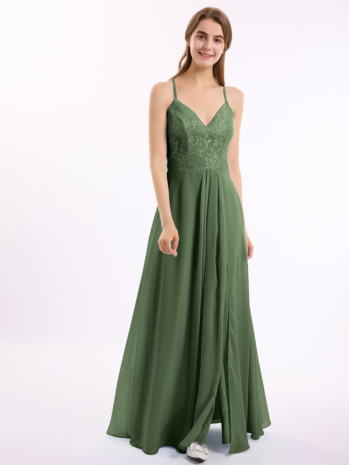 Vestidos con cuerpo de encaje y falda de chiffon con abertura Verde Oliva