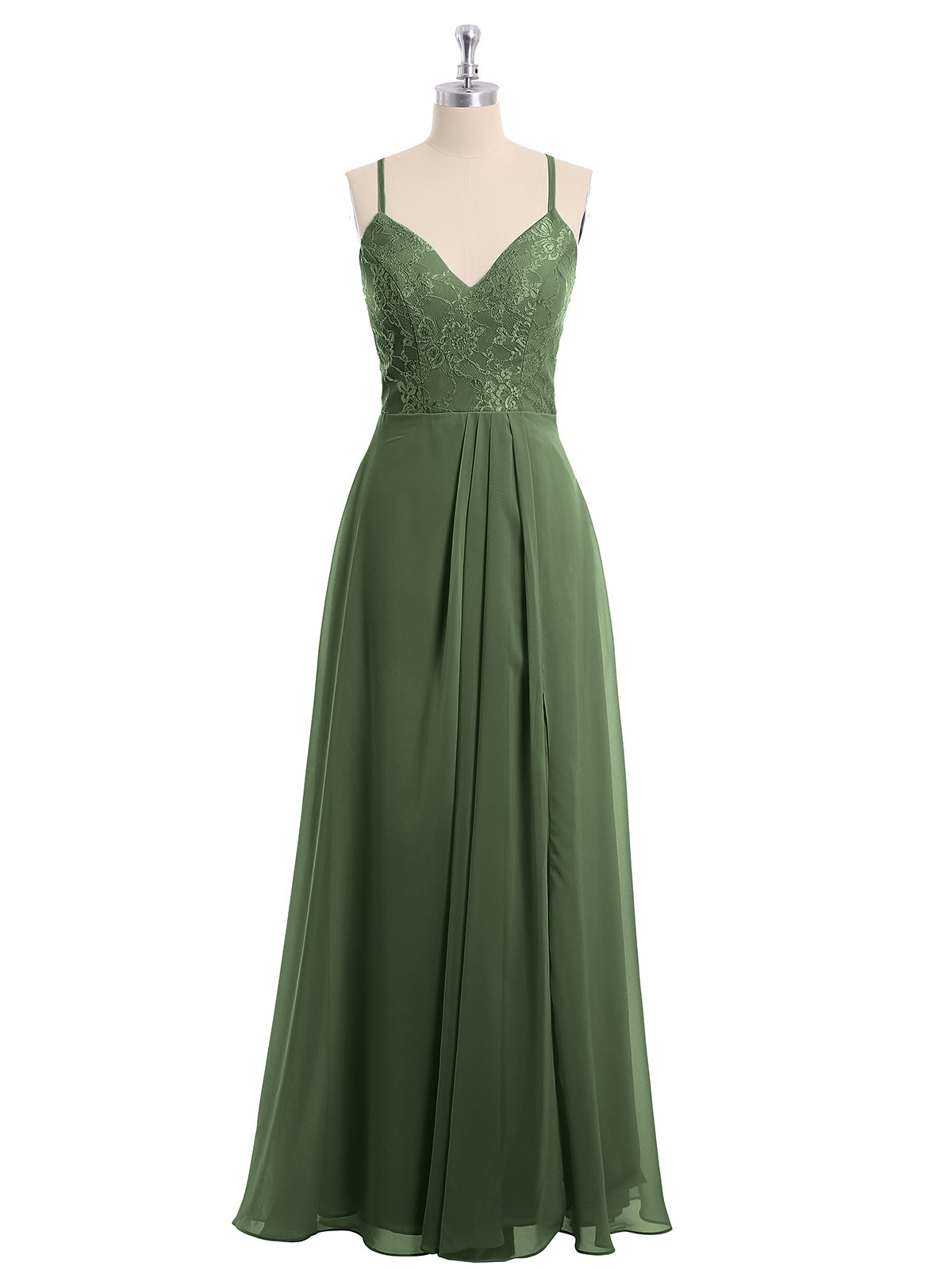 Vestidos con cuerpo de encaje y falda de chiffon con abertura Verde Oliva Tallas Grandes
