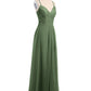 Vestidos con cuerpo de encaje y falda de chiffon con abertura Verde Oliva