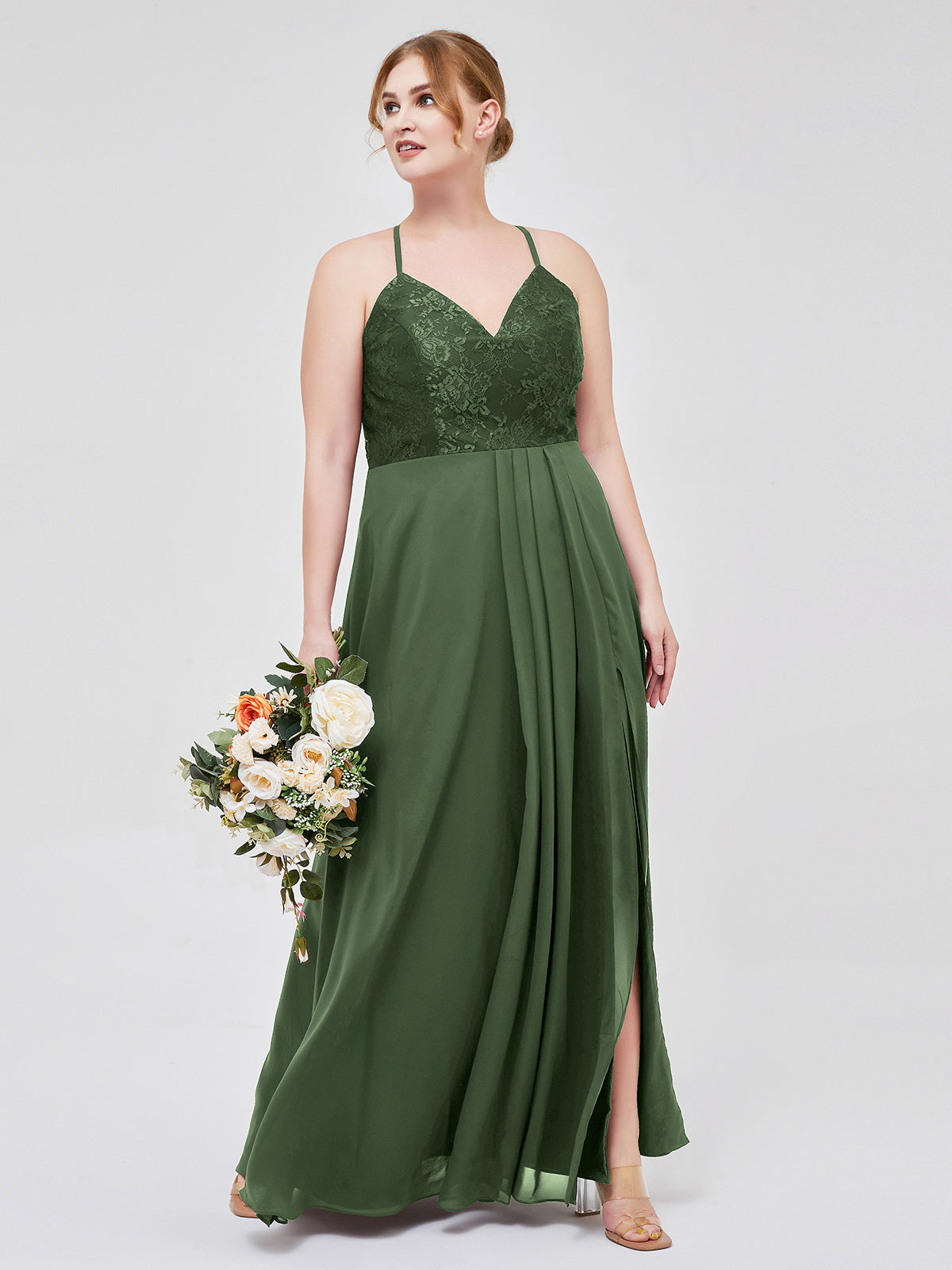 Vestidos con cuerpo de encaje y falda de chiffon con abertura Verde Oliva Tallas Grandes