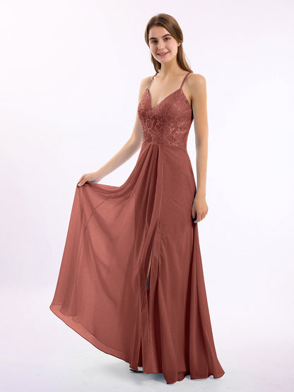 Vestidos con cuerpo de encaje y falda de chiffon con abertura Terracota