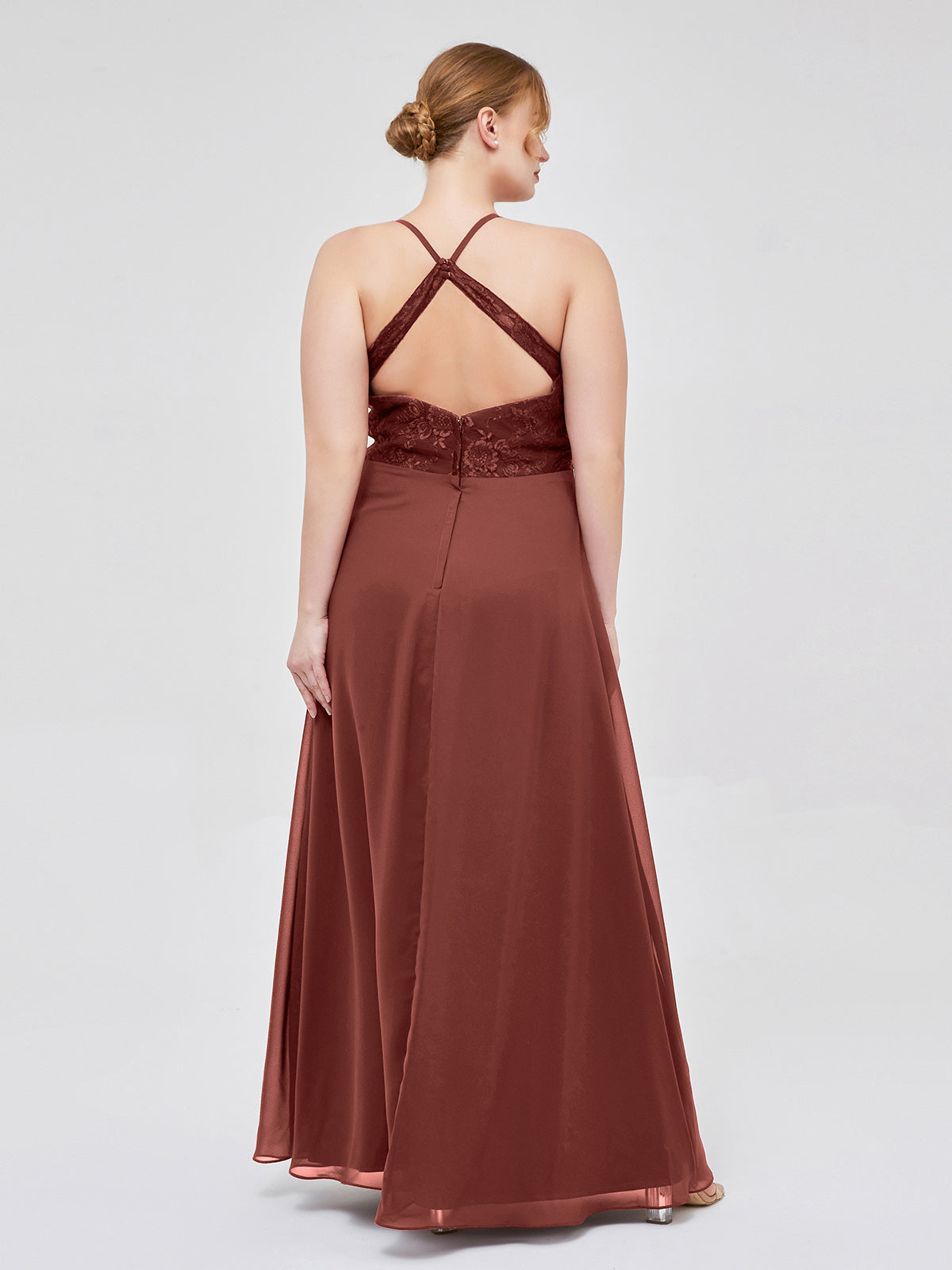 Vestidos con cuerpo de encaje y falda de chiffon con abertura Terracota Tallas Grandes