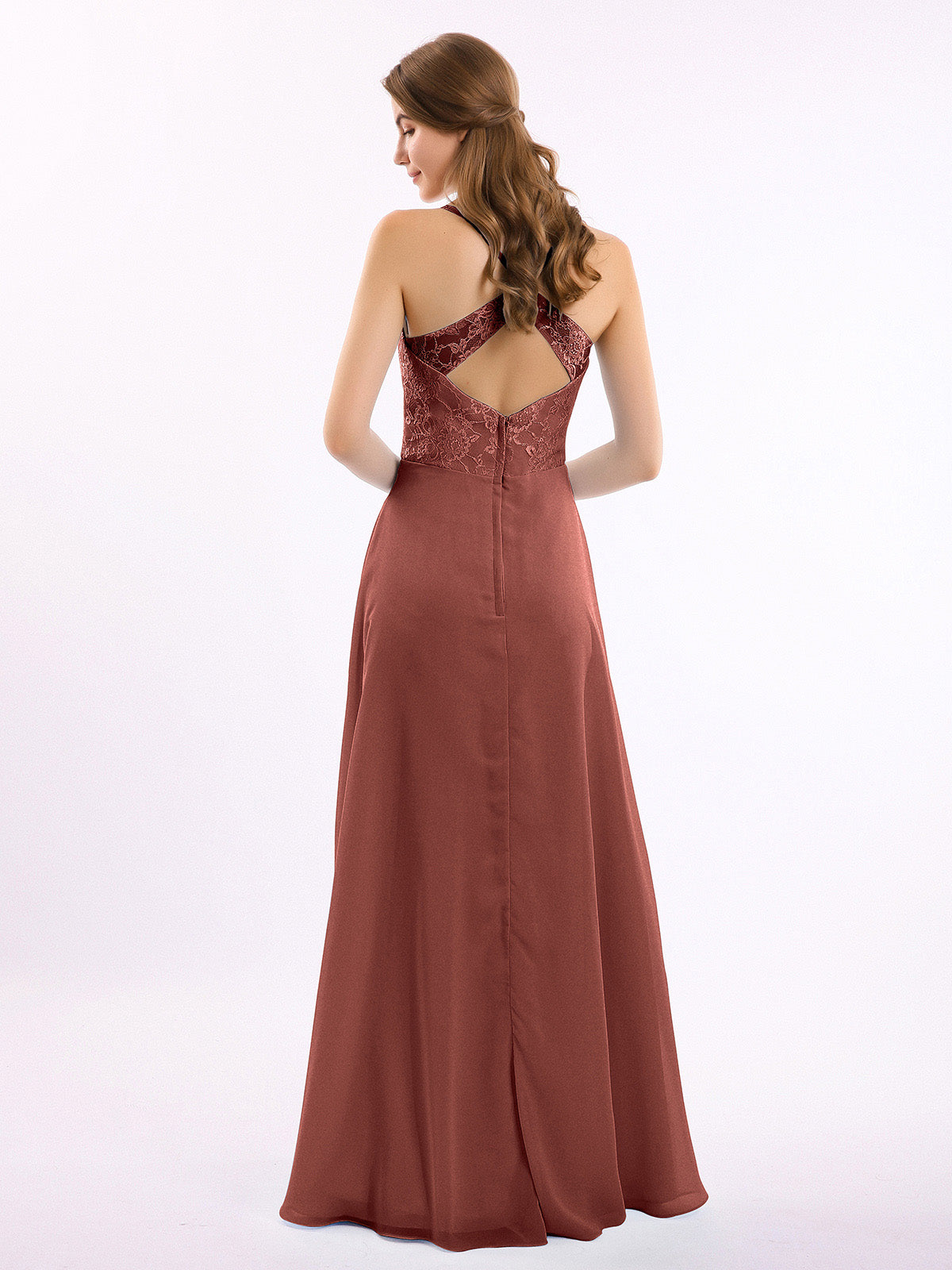 Vestidos con cuerpo de encaje y falda de chiffon con abertura Terracota