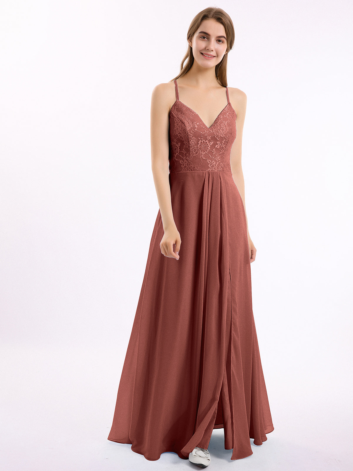Vestidos con cuerpo de encaje y falda de chiffon con abertura Terracota