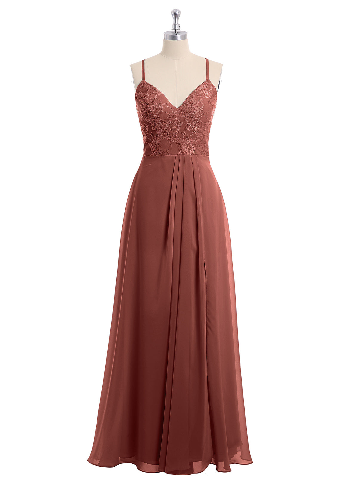 Vestidos con cuerpo de encaje y falda de chiffon con abertura Terracota Tallas Grandes