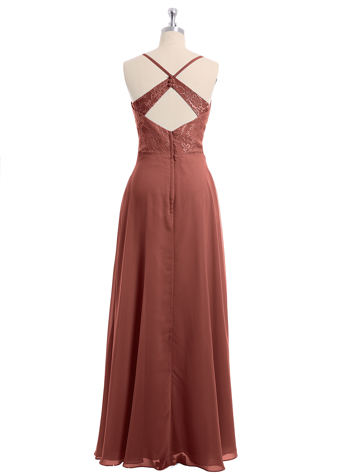 Vestidos con cuerpo de encaje y falda de chiffon con abertura Terracota Tallas Grandes