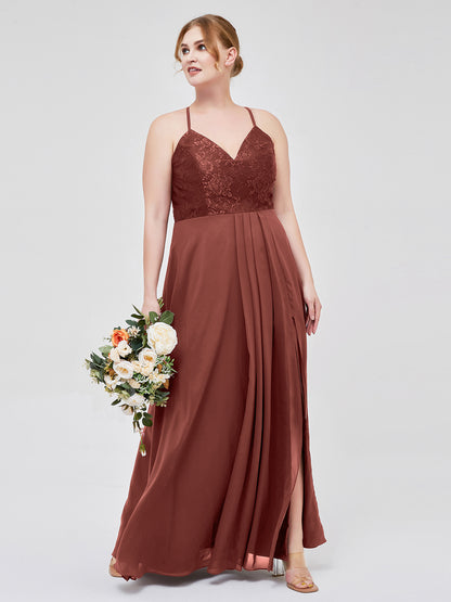 Vestidos con cuerpo de encaje y falda de chiffon con abertura Terracota Tallas Grandes