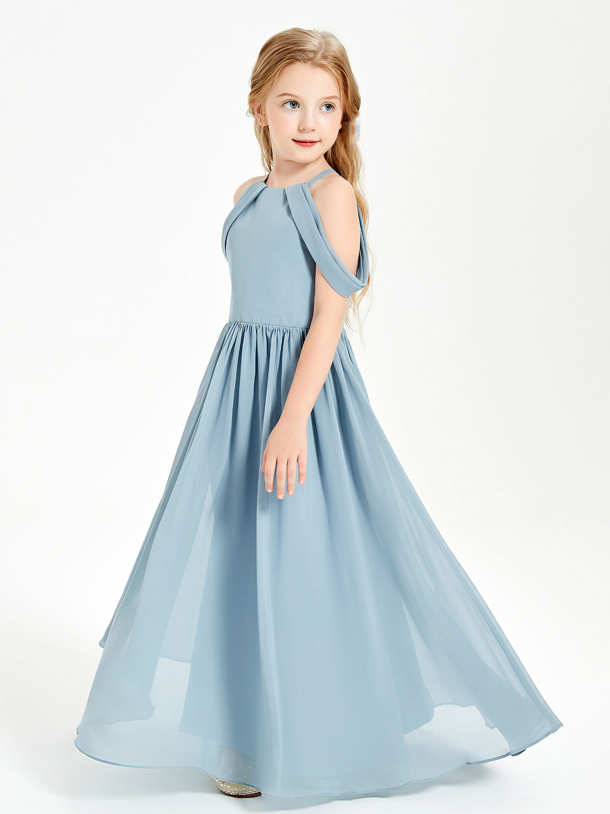 El Vestido De Dama De Honor Con Hombros Descubiertos Y Estilo Soñador Para Junior Azul Polvoriento
