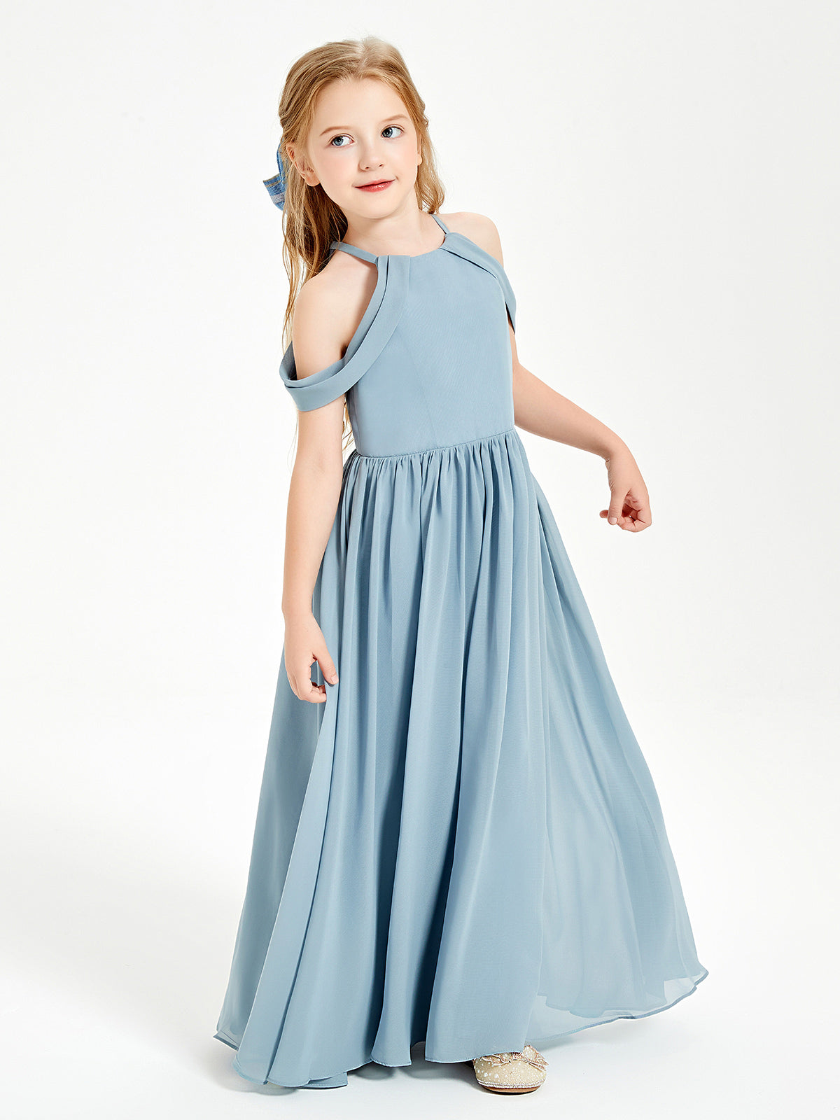 El Vestido De Dama De Honor Con Hombros Descubiertos Y Estilo Soñador Para Junior Azul Polvoriento