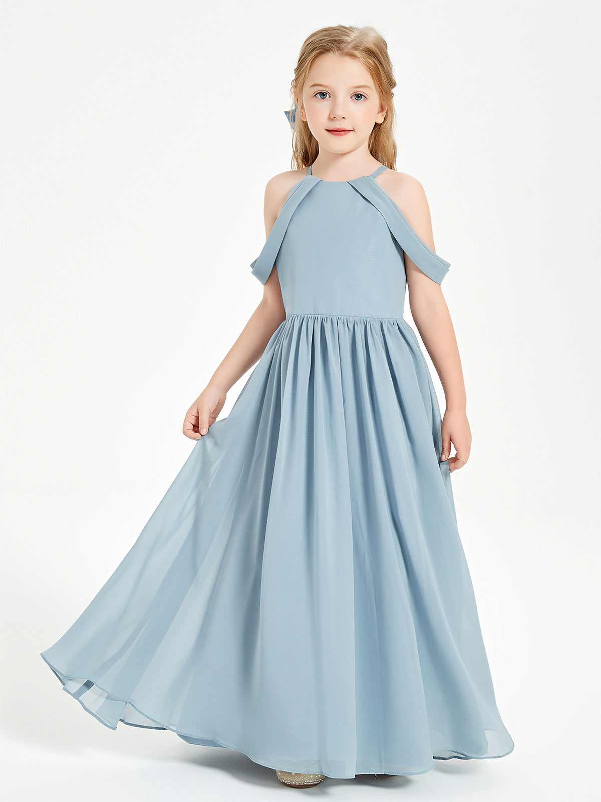 El Vestido De Dama De Honor Con Hombros Descubiertos Y Estilo Soñador Para Junior Azul Polvoriento