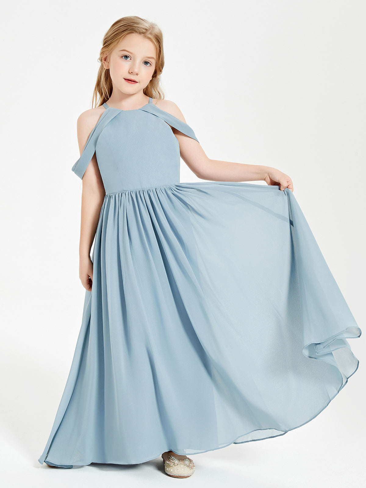 El Vestido De Dama De Honor Con Hombros Descubiertos Y Estilo Soñador Para Junior Azul Polvoriento