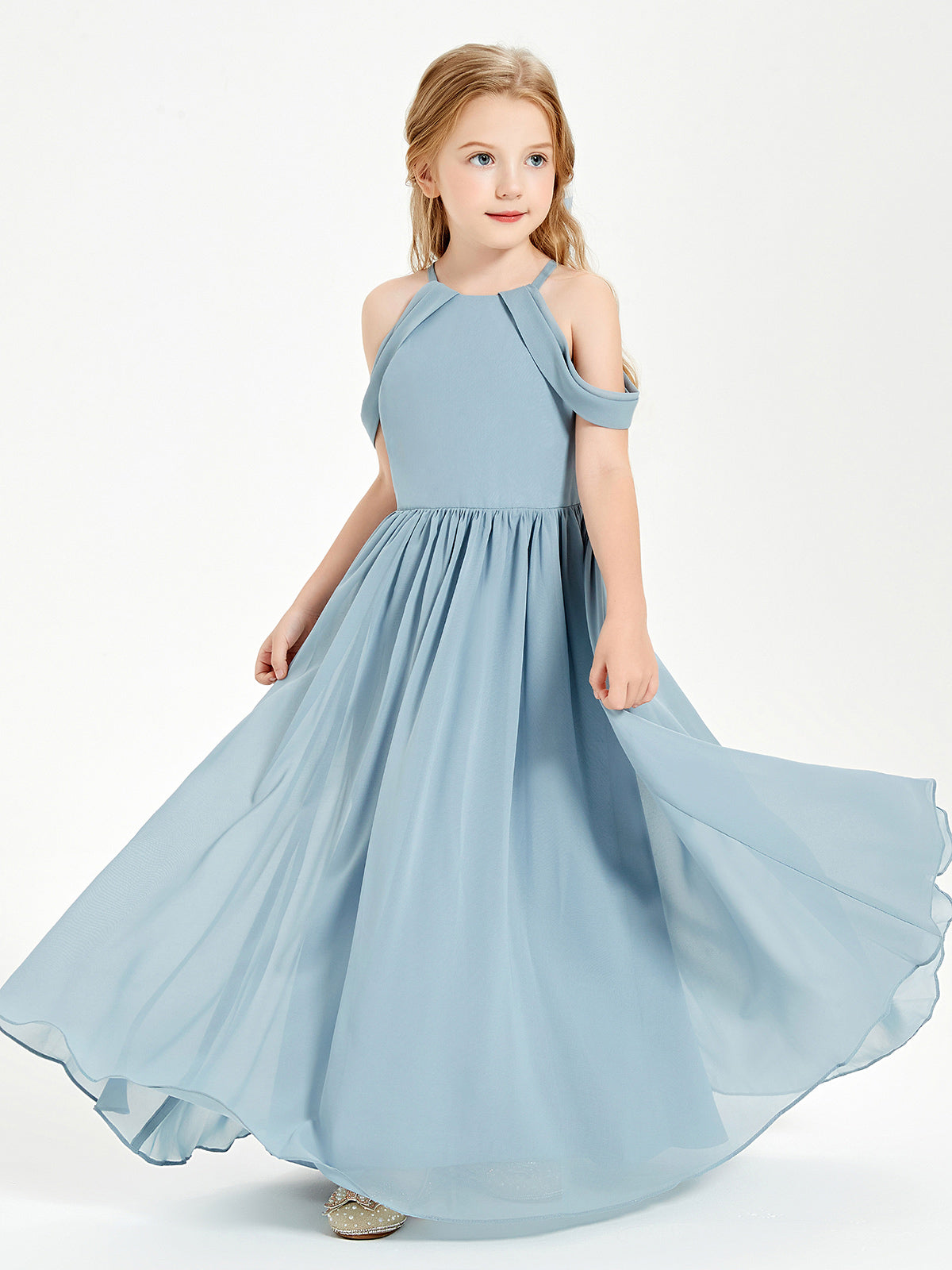 El Vestido De Dama De Honor Con Hombros Descubiertos Y Estilo Soñador Para Junior Azul Polvoriento