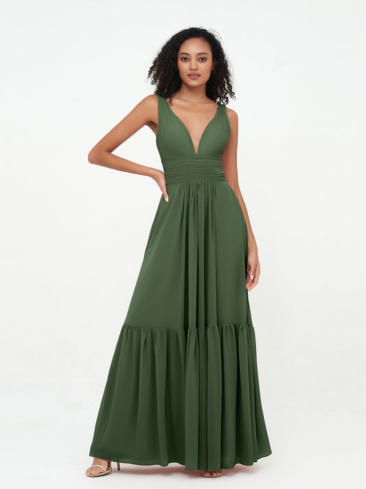 Vestidos bohemios de chiffon con falda escalonada y escote en V profundo Verde Oliva