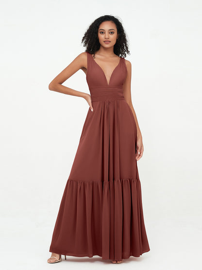 Vestidos bohemios de chiffon con falda escalonada y escote en V profundo Terracota Tallas Grandes