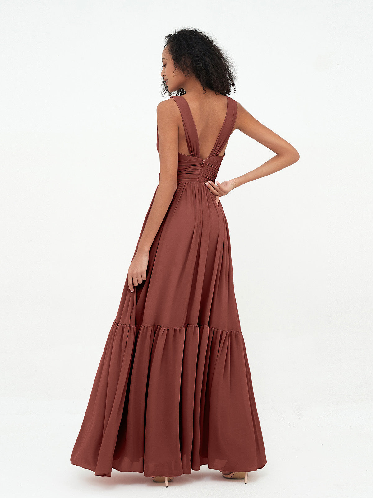 Vestidos bohemios de chiffon con falda escalonada y escote en V profundo Terracota Tallas Grandes