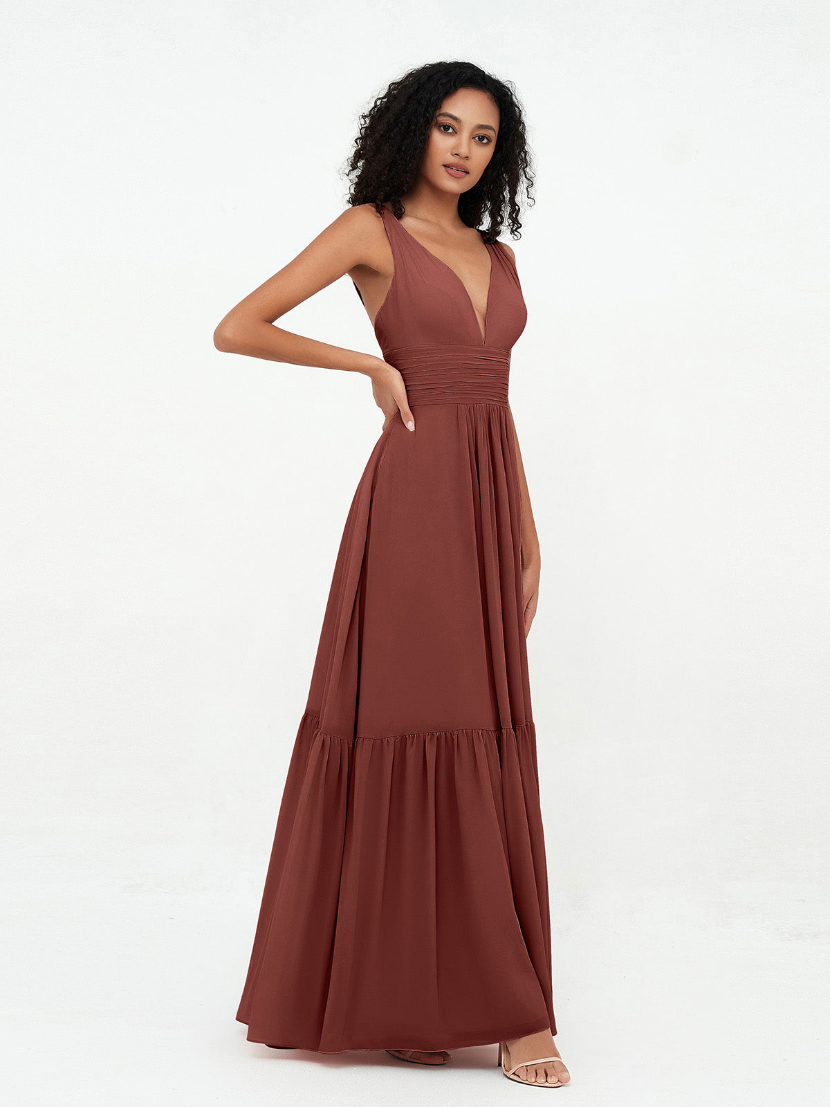 Vestidos bohemios de chiffon con falda escalonada y escote en V profundo Terracota Tallas Grandes