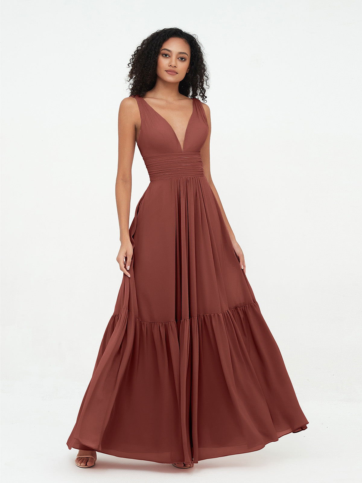 Vestidos bohemios de chiffon con falda escalonada y escote en V profundo Terracota Tallas Grandes