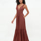 Vestidos bohemios de chiffon con falda escalonada y escote en V profundo Terracota