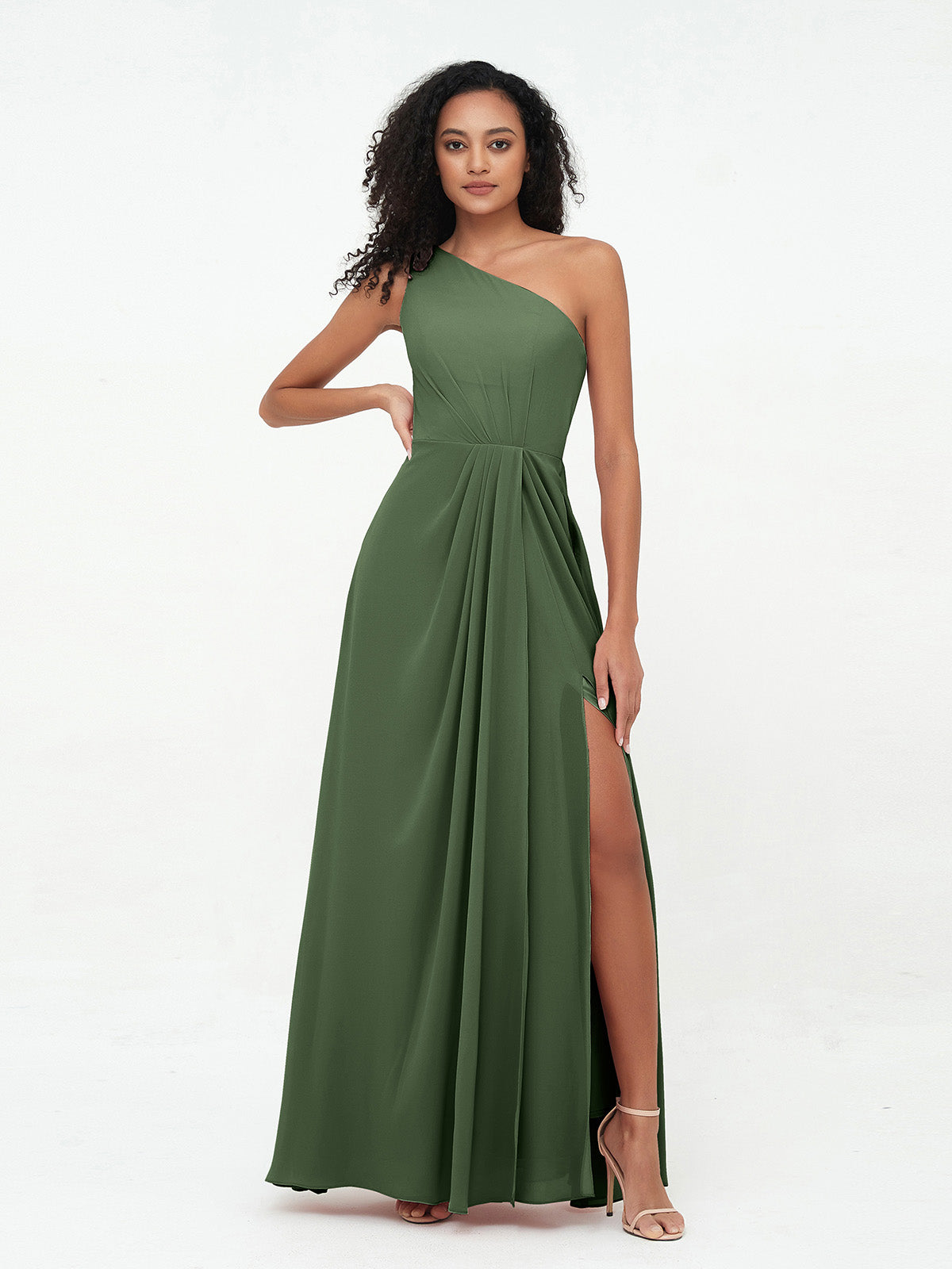 Vestidos máximos de chiffon de un solo hombro con abertura Verde Oliva Tallas Grandes