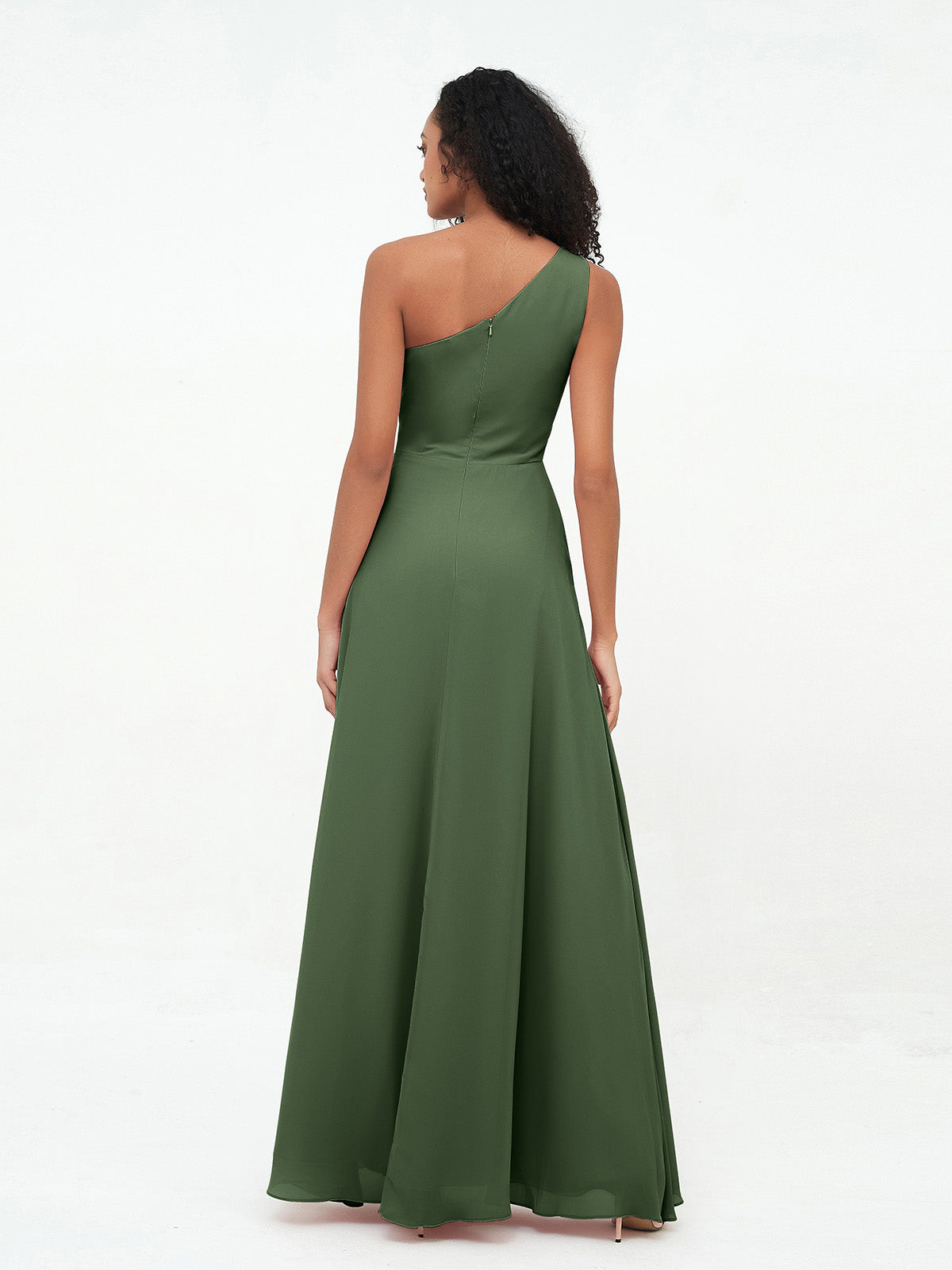 Vestidos máximos de chiffon de un solo hombro con abertura Verde Oliva Tallas Grandes