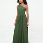 Vestidos máximos de chiffon de un solo hombro con abertura Verde Oliva Tallas Grandes