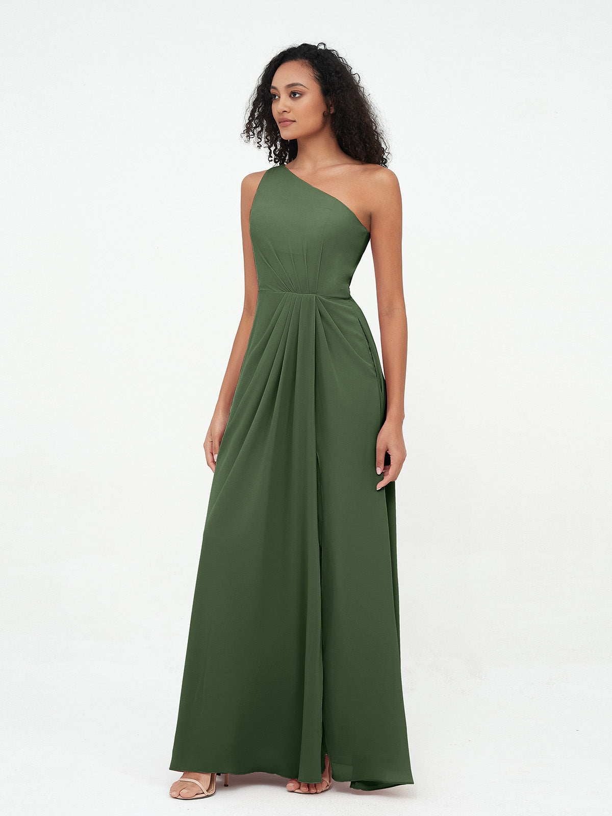 Vestidos máximos de chiffon de un solo hombro con abertura Verde Oliva Tallas Grandes