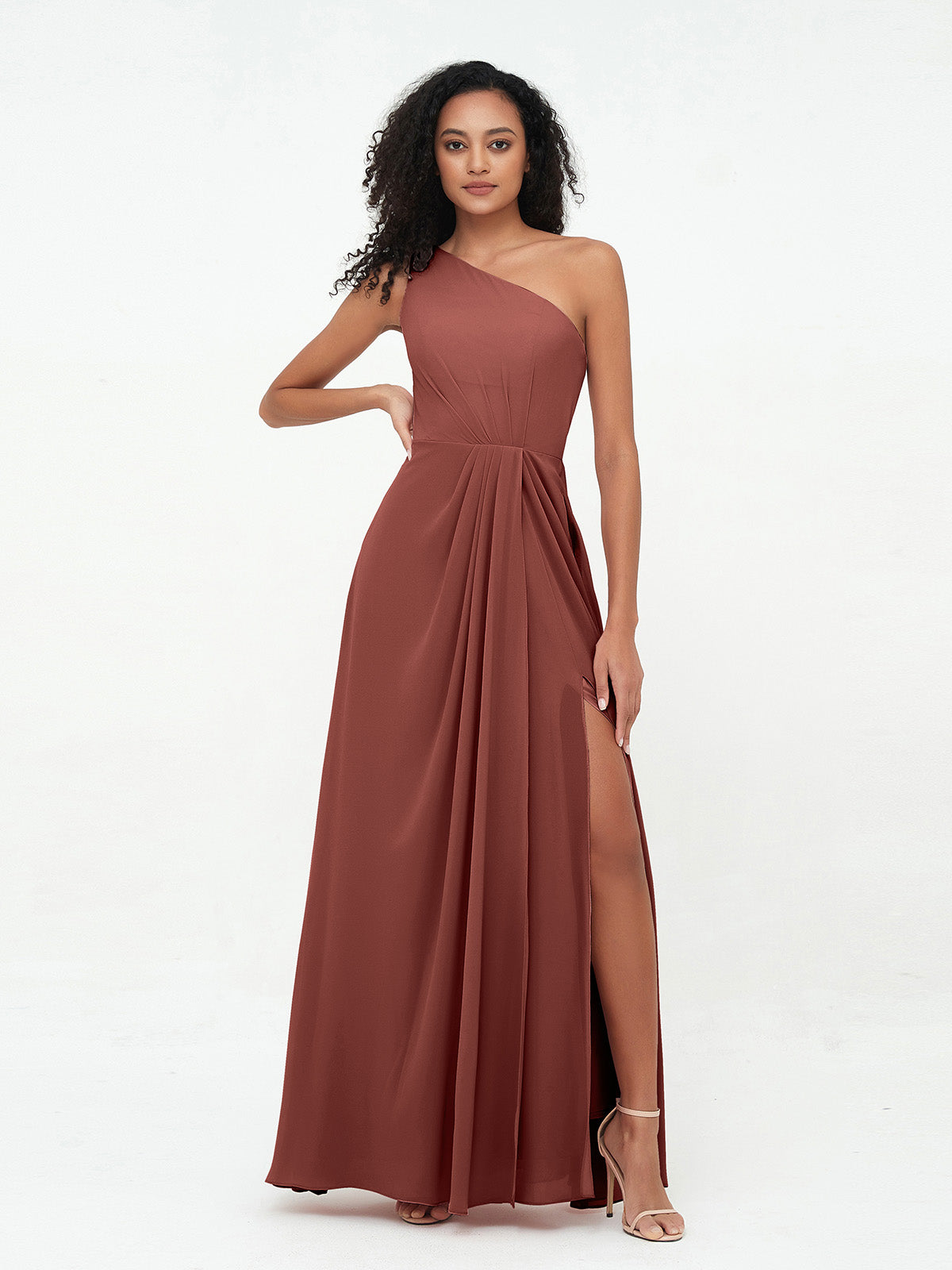 Vestidos máximos de chiffon de un solo hombro con abertura Terracota