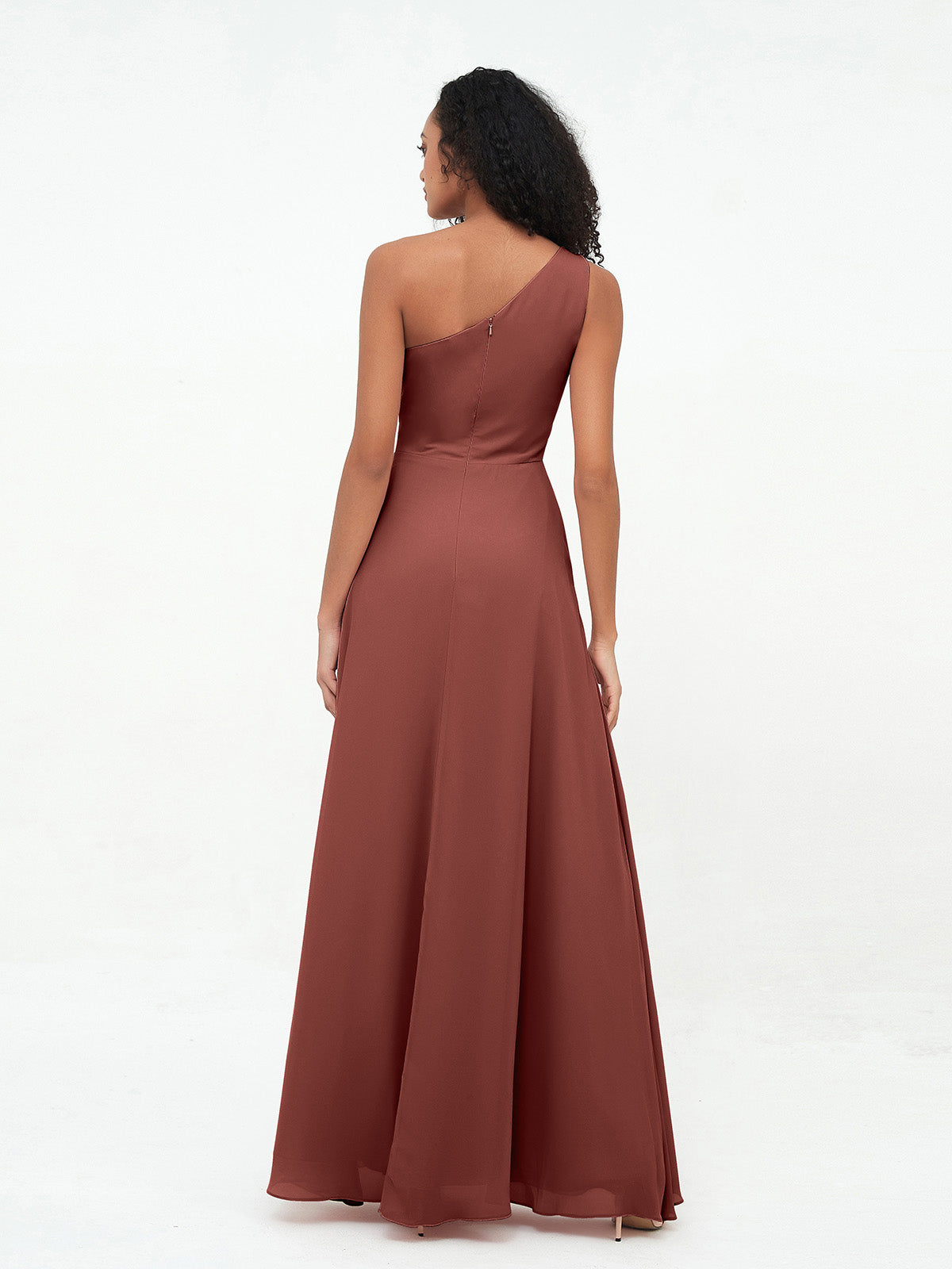 Vestidos máximos de chiffon de un solo hombro con abertura Terracota