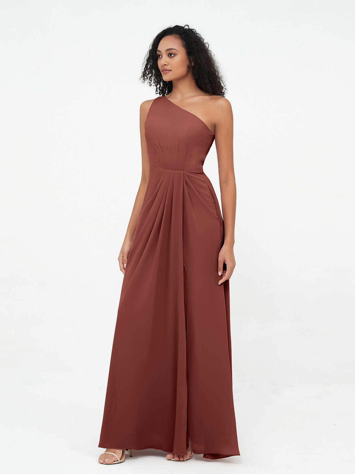 Vestidos máximos de chiffon de un solo hombro con abertura Terracota
