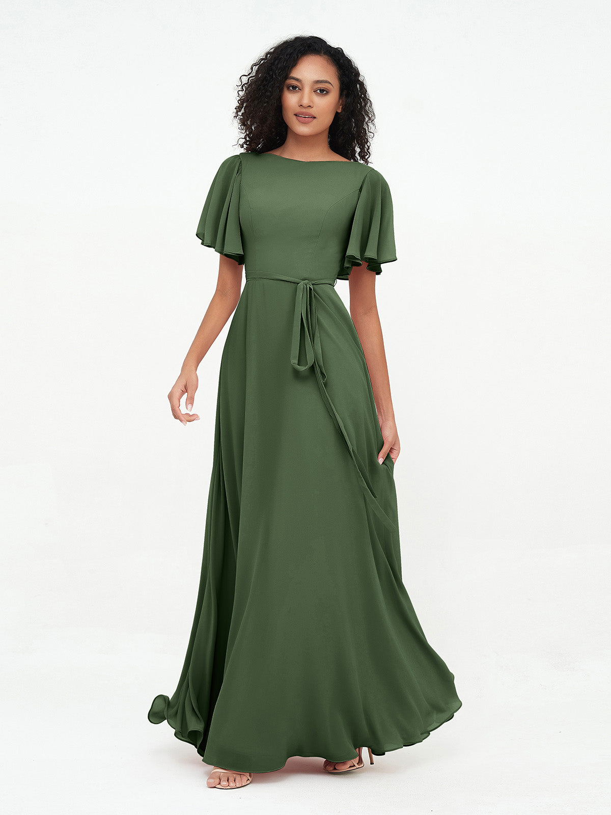 Vestidos máximos de chiffon con mangas de volantes y lazo en la cintura Verde Oliva