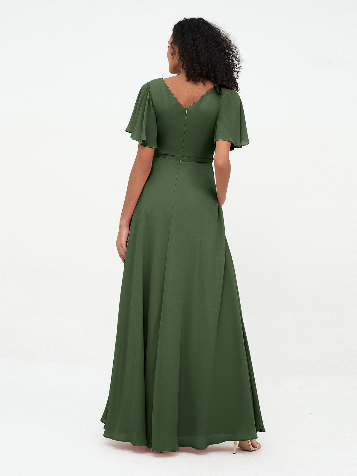 Vestidos máximos de chiffon con mangas de volantes y lazo en la cintura Verde Oliva