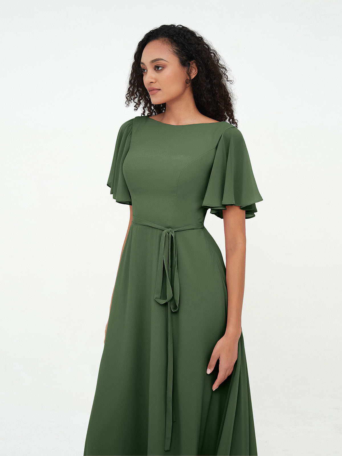 Vestidos máximos de chiffon con mangas de volantes y lazo en la cintura Verde Oliva