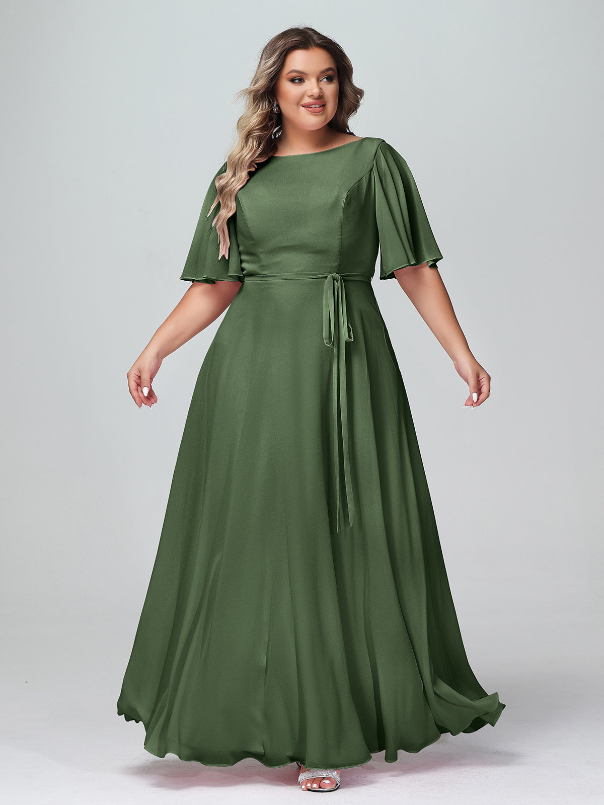 Vestidos máximos de chiffon con mangas de volantes y lazo en la cintura Verde Oliva Tallas Grandes