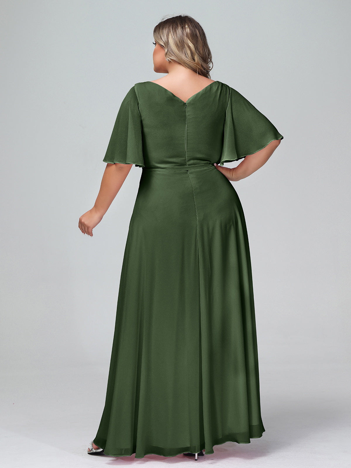 Vestidos máximos de chiffon con mangas de volantes y lazo en la cintura Verde Oliva Tallas Grandes
