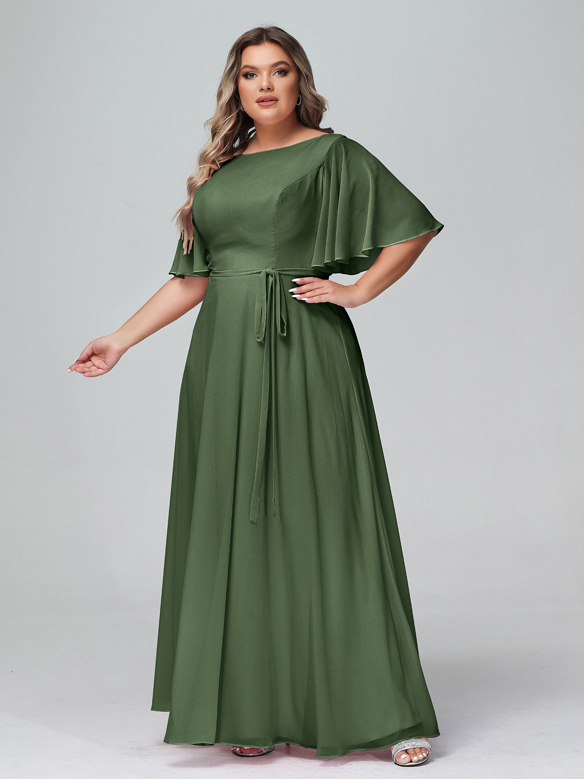 Vestidos máximos de chiffon con mangas de volantes y lazo en la cintura Verde Oliva Tallas Grandes
